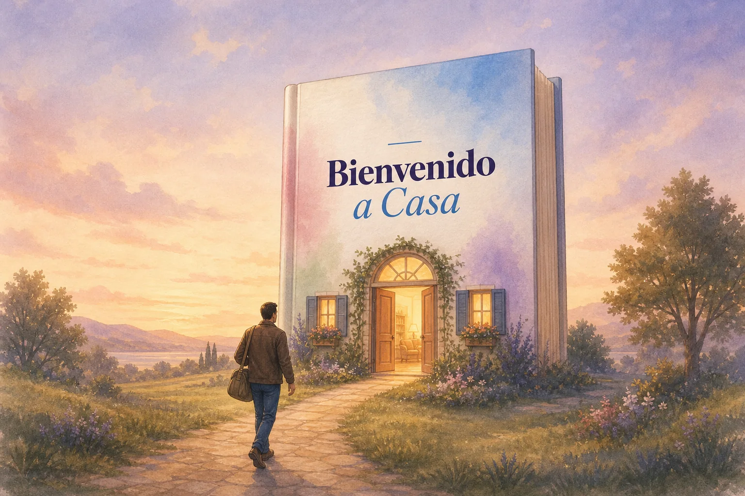 Ilustración de un hijo adulto que regresa por un sendero hacia una casa con forma del libro Bienvenido a Casa